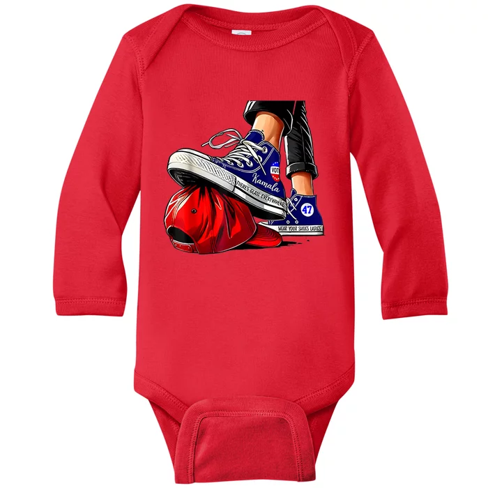 Kamala Harris High Heels Stepping On Red Maga Hat Baby Long Sleeve Bodysuit