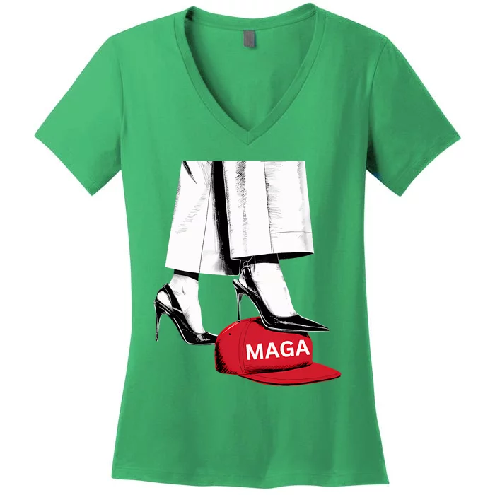 Kamala Harris Heels Stepping On Maga Hat Women's V-Neck T-Shirt