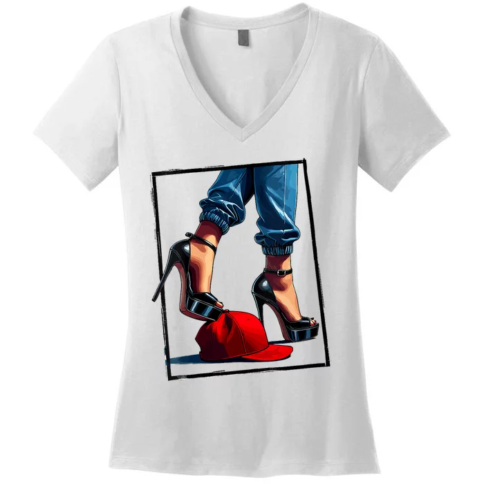 Kamala Harris Heels Stepping On Maga Hat Design Women's V-Neck T-Shirt