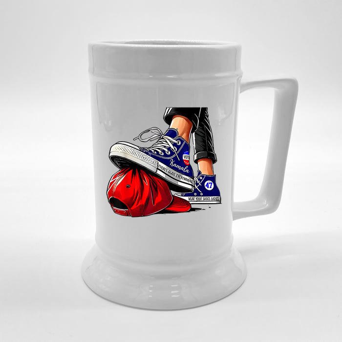 Kamala Harris High Heels Stepping On Red Maga Hat Front & Back Beer Stein