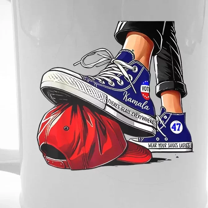 Kamala Harris High Heels Stepping On Red Maga Hat Front & Back Beer Stein