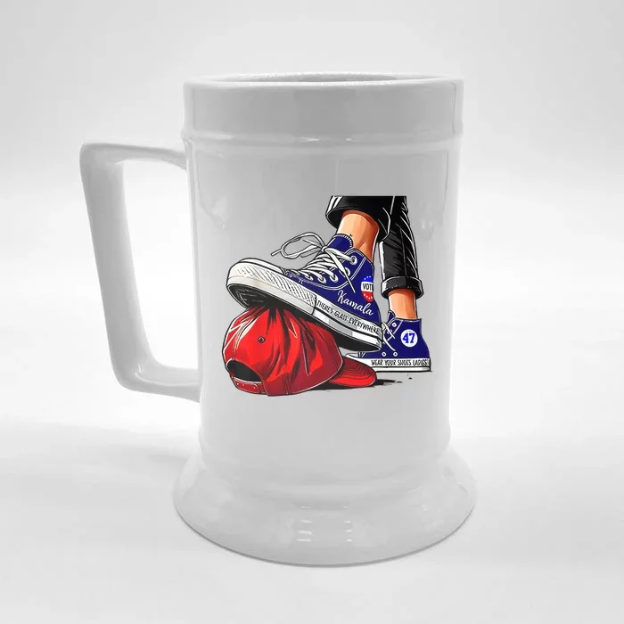 Kamala Harris High Heels Stepping On Red Maga Hat Front & Back Beer Stein