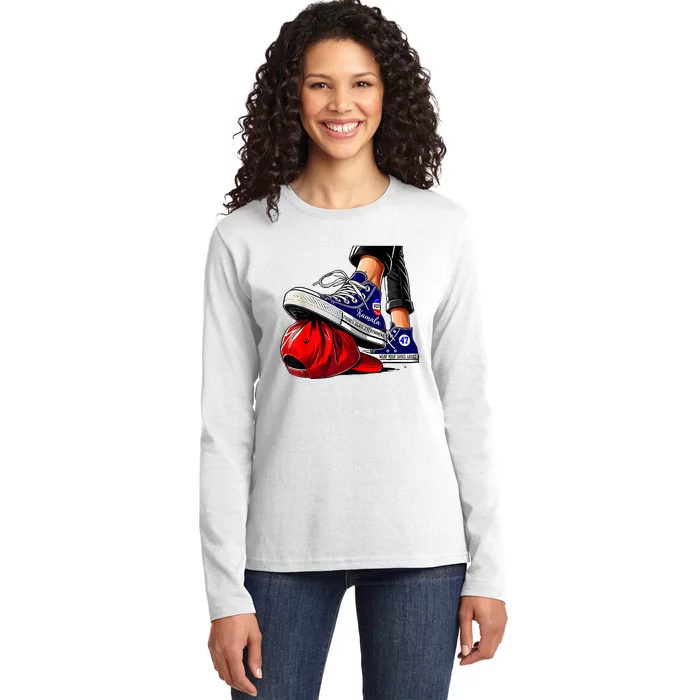 Kamala Harris High Heels Stepping On Red Maga Hat Ladies Long Sleeve Shirt