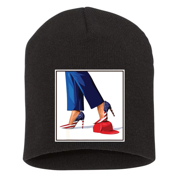 Kamala Harris Heels Stepping On Maga Red Hat Short Acrylic Beanie