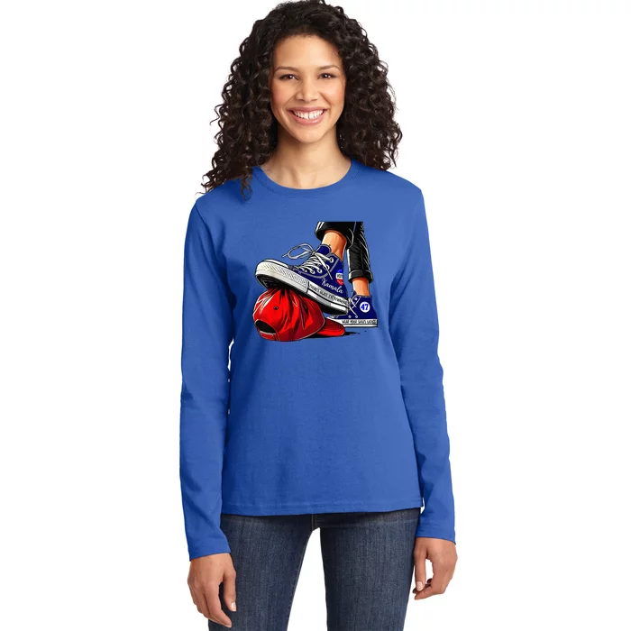 Kamala Harris High Heels Stepping On Red Maga Ladies Long Sleeve Shirt