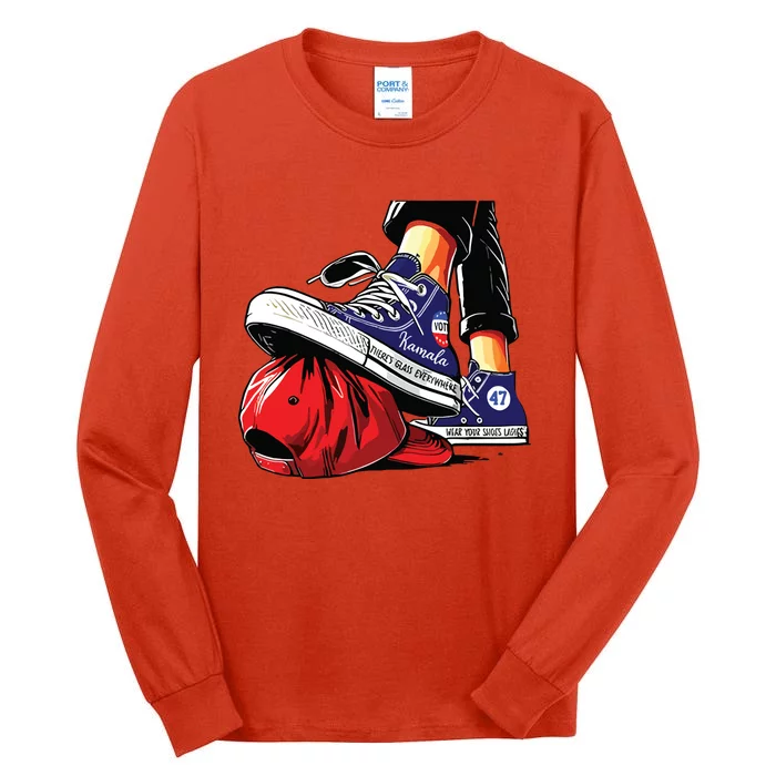 Kamala Harris High Heels Stepping On Red Maga Hat Tall Long Sleeve T-Shirt