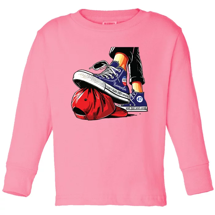 Kamala Harris High Heels Stepping On Red Maga Hat Toddler Long Sleeve Shirt