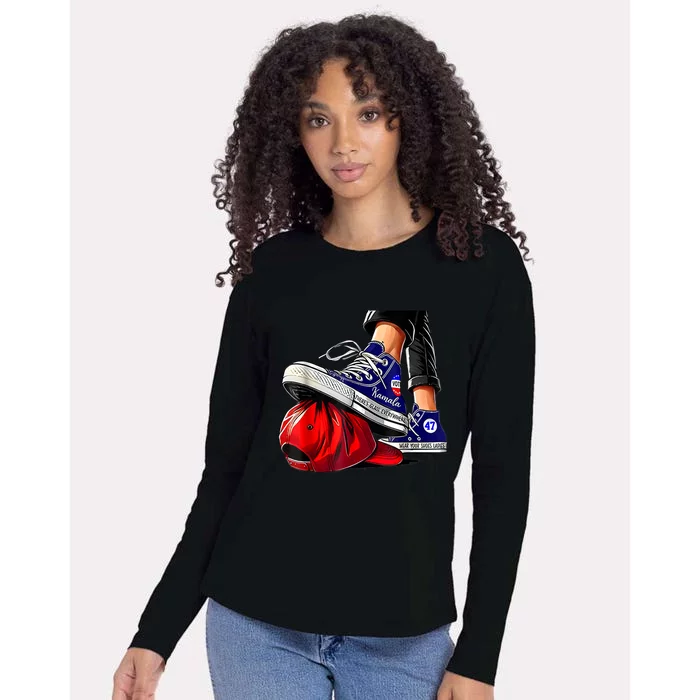 Kamala Harris High Heels Stepping On Red Maga Hat Womens Cotton Relaxed Long Sleeve T-Shirt