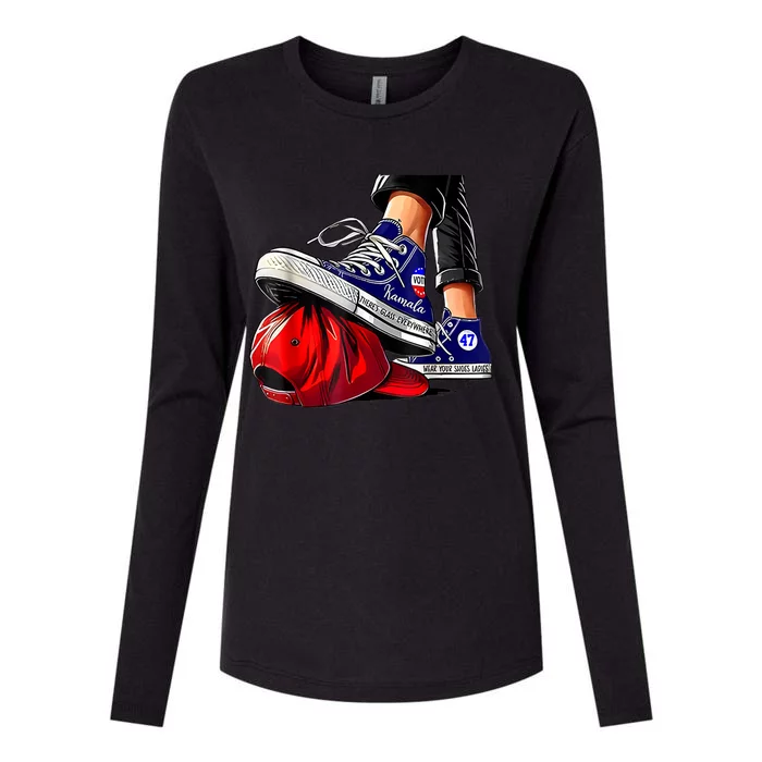 Kamala Harris High Heels Stepping On Red Maga Hat Womens Cotton Relaxed Long Sleeve T-Shirt