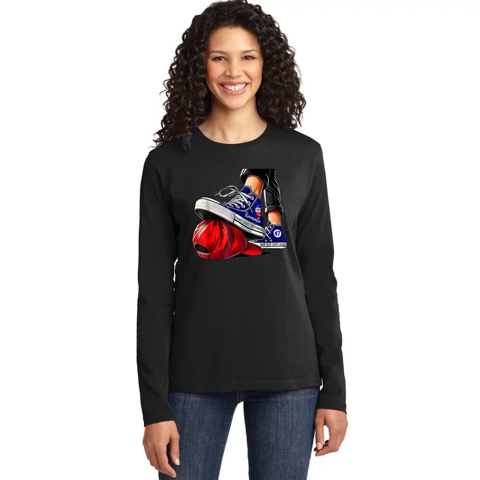 Kamala Harris High Heels Stepping On Red Maga Hat Ladies Long Sleeve Shirt