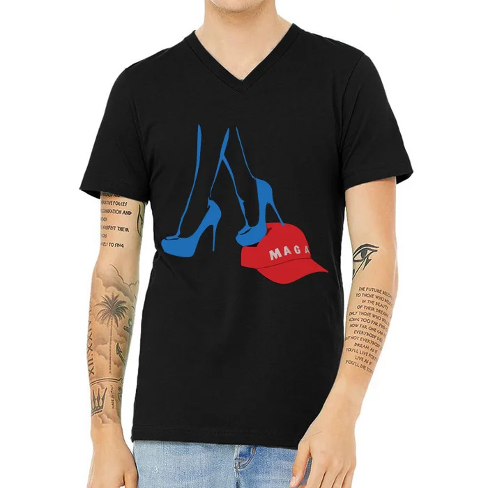 Kamala Harris Heel Stepping On Maga Hat Anti Trump V-Neck T-Shirt