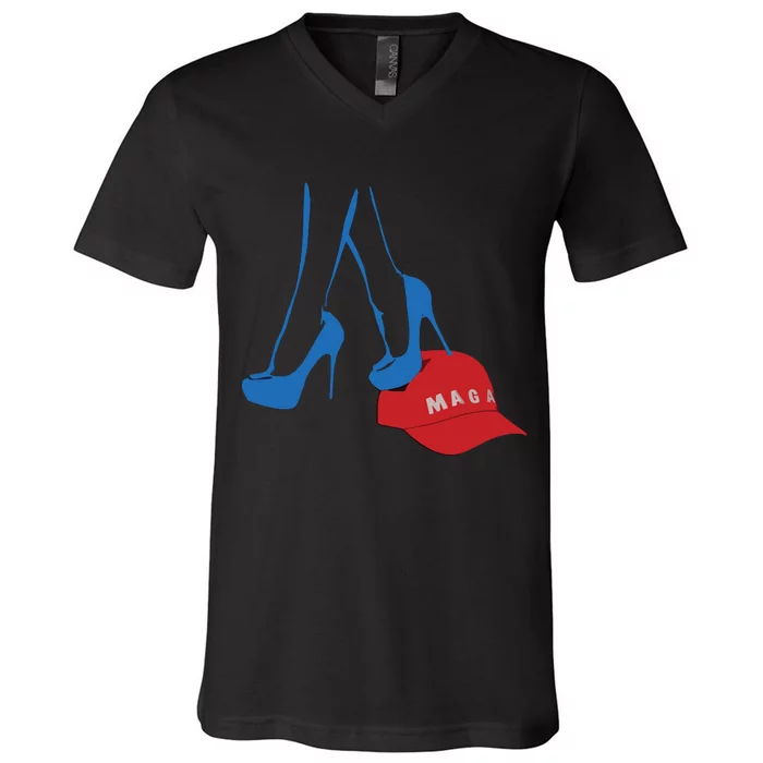 Kamala Harris Heel Stepping On Maga Hat Anti Trump V-Neck T-Shirt