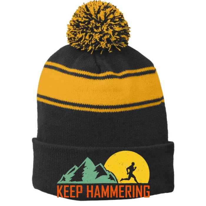 Keep Hammering Hiking Mountain Trail Stripe Pom Pom Beanie