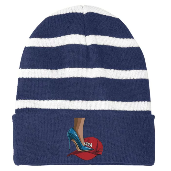 Kamala Harris Heels Stepping On Maga Hat Harris Walz 2024 Striped Beanie with Solid Band