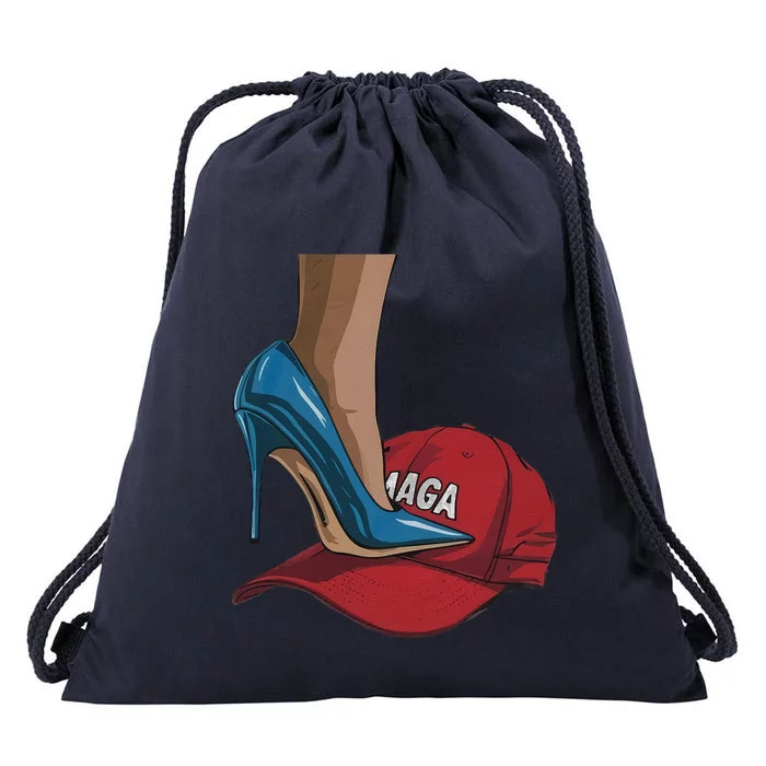 Kamala Harris Heels Stepping On Maga Hat Harris Walz 2024 Drawstring Bag