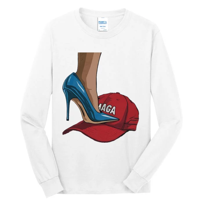 Kamala Harris Heels Stepping On Maga Hat Harris Walz 2024 Tall Long Sleeve T-Shirt