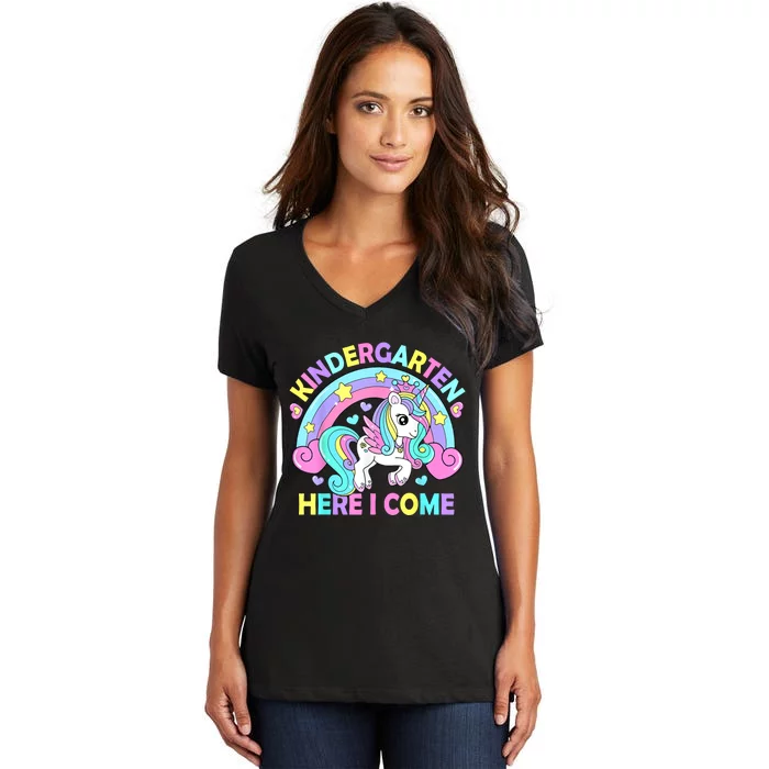 Kindergarten Here I Come Funny Unicorn Girl Back To School Women's V-Neck T-Shirt