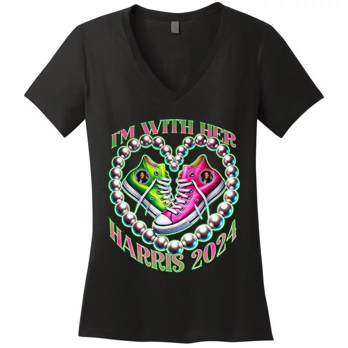 Kamala Harris Im With Her P.Ink And Green Aka Sorors Gift Women's V-Neck T-Shirt