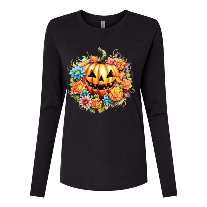 Kawaii Halloween Jack O Lantern With Pumpkin And Flowers Womens Cotton Relaxed Long Sleeve T-Shirt