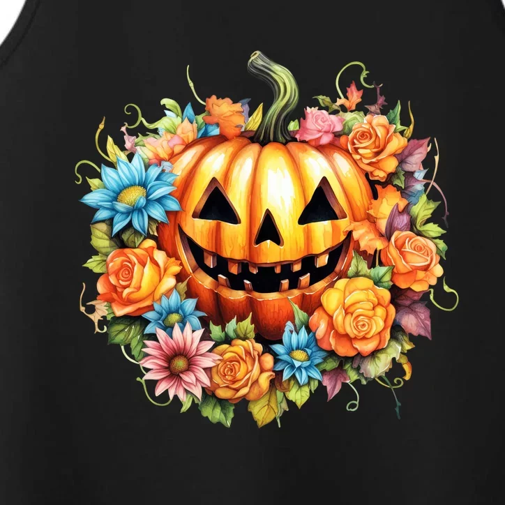 Kawaii Halloween Jack O Lantern With Pumpkin And Flowers Performance Tank