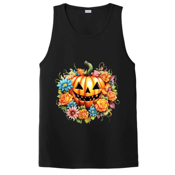 Kawaii Halloween Jack O Lantern With Pumpkin And Flowers Performance Tank