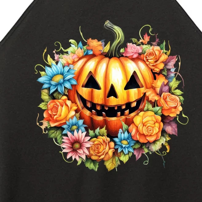 Kawaii Halloween Jack O Lantern With Pumpkin And Flowers Women’s Perfect Tri Rocker Tank