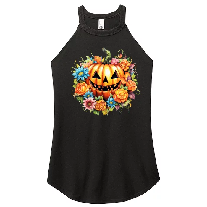 Kawaii Halloween Jack O Lantern With Pumpkin And Flowers Women’s Perfect Tri Rocker Tank