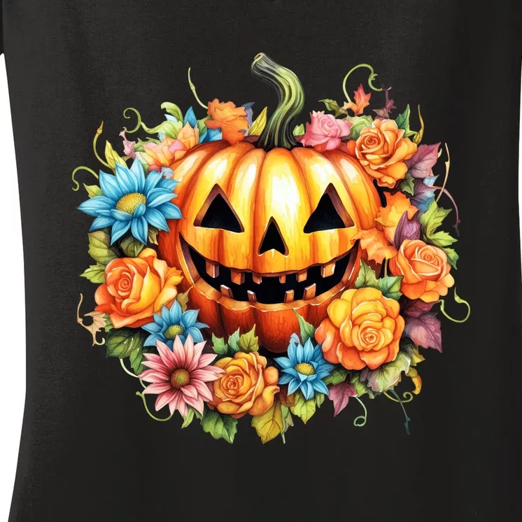 Kawaii Halloween Jack O Lantern With Pumpkin And Flowers Women's V-Neck T-Shirt