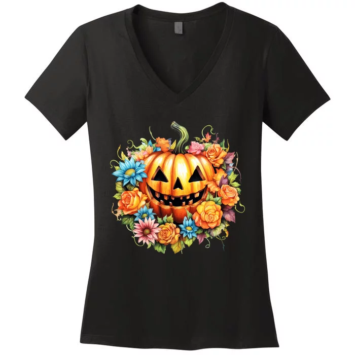 Kawaii Halloween Jack O Lantern With Pumpkin And Flowers Women's V-Neck T-Shirt