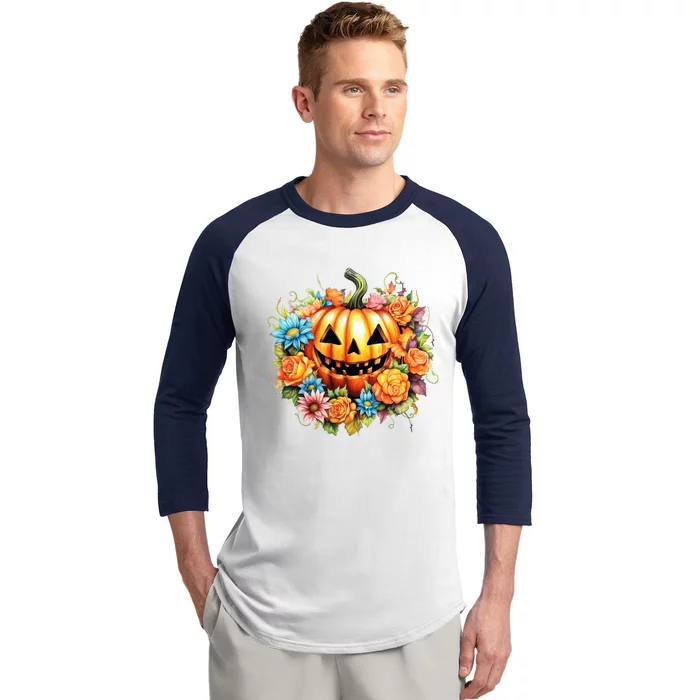 Kawaii Halloween Jack O Lantern With Pumpkin And Flowers Baseball Sleeve Shirt