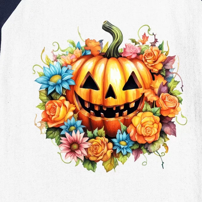 Kawaii Halloween Jack O Lantern With Pumpkin And Flowers Baseball Sleeve Shirt