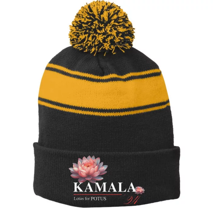 Kamala Harris Lotus Rainbow Floral 2024 President Stripe Pom Pom Beanie