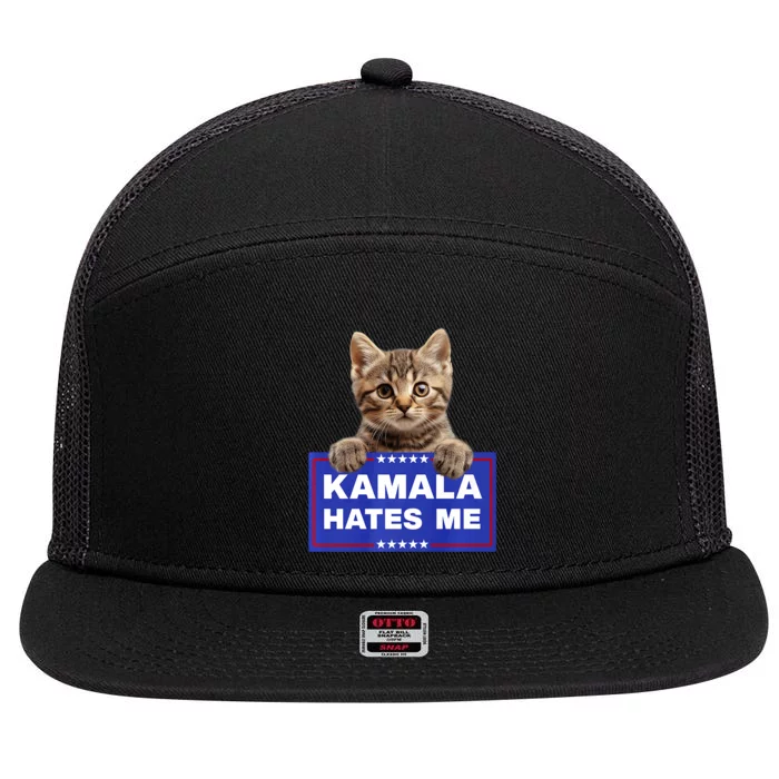 Kamala Hates Me Kamala Hate Cats Trump 2024 American Flag 7 Panel Mesh Trucker Snapback Hat