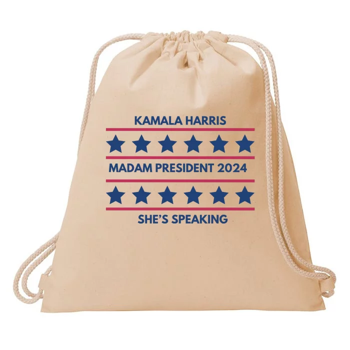 Kamala Harris Madam President 2024 SheS Speaking Drawstring Bag