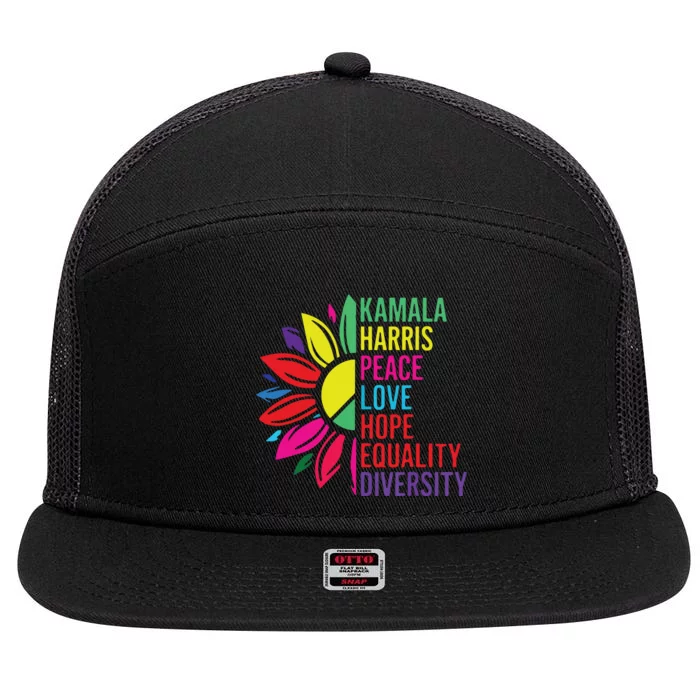 Kamala Harris Peace Love Equality Hope Diversity 7 Panel Mesh Trucker Snapback Hat