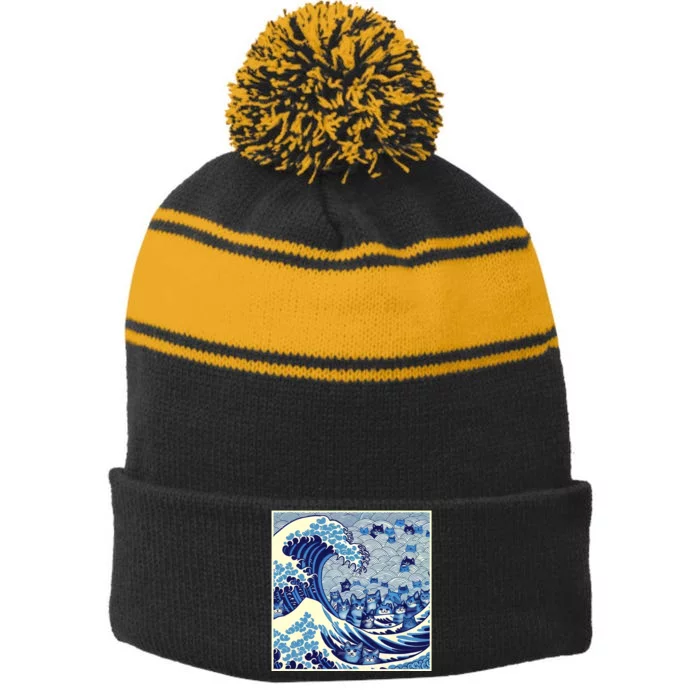 Kamala Harris President 2024 Blue Cats Wave For Kamala Funny Cat Lady Stripe Pom Pom Beanie