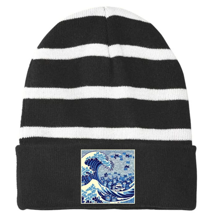 Kamala Harris President 2024 Blue Cats Wave For Kamala Funny Cat Lady Striped Beanie with Solid Band