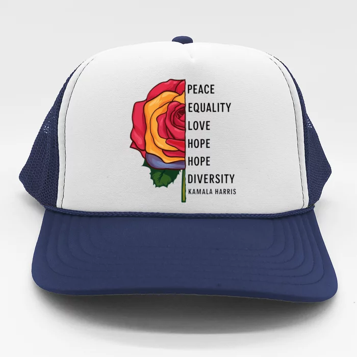 Kamala Harris Peace Love Equality Hope Diversity Trucker Hat