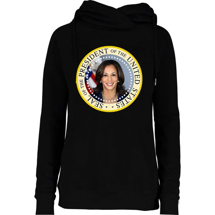 Kamala Harris Presidential Seal Portrait Womens Funnel Neck Pullover Hood