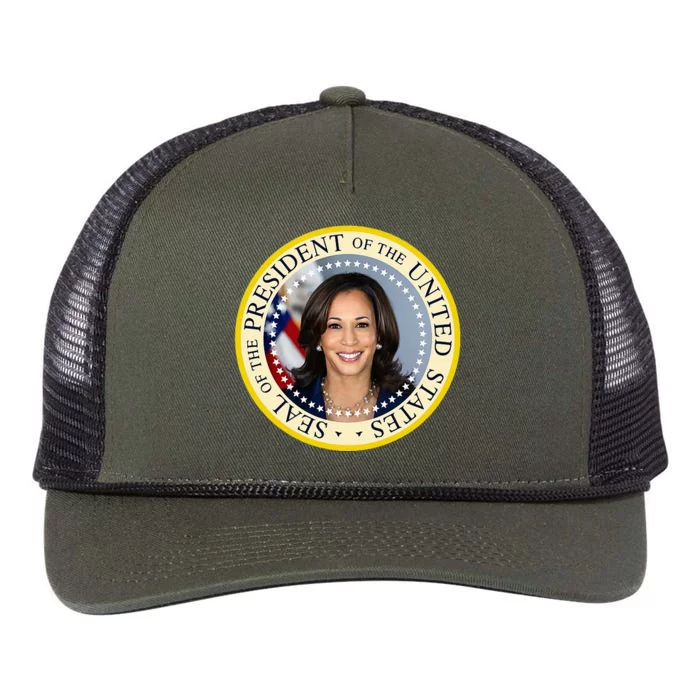 Kamala Harris Presidential Seal Portrait Retro Rope Trucker Hat Cap