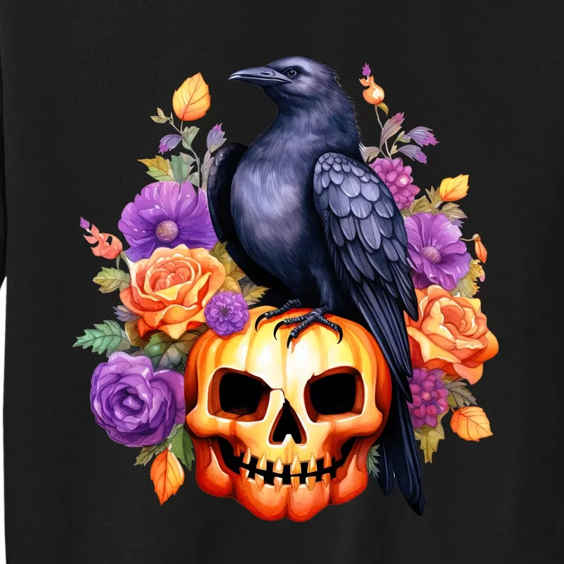 Kawaii Halloween Raven With Pumpkin And Flowers Sweatshirt