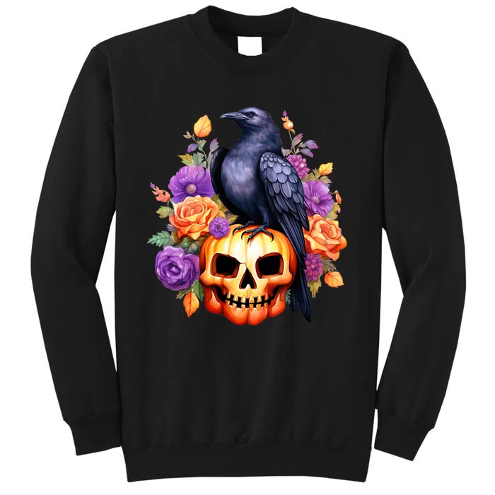 Kawaii Halloween Raven With Pumpkin And Flowers Sweatshirt