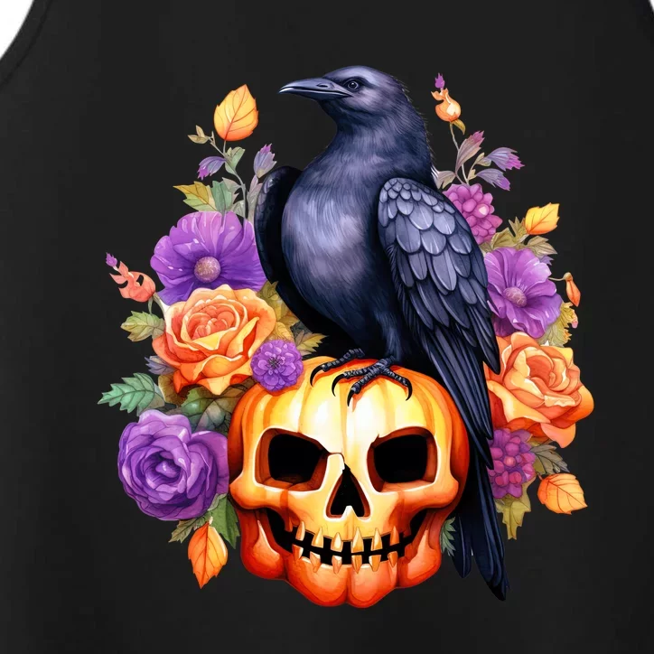 Kawaii Halloween Raven With Pumpkin And Flowers Performance Tank