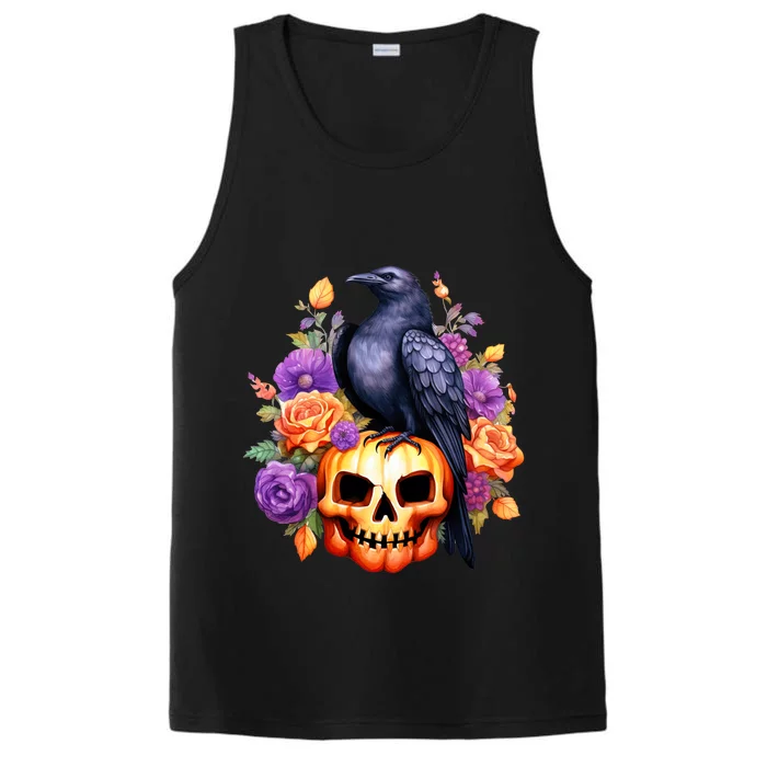 Kawaii Halloween Raven With Pumpkin And Flowers Performance Tank