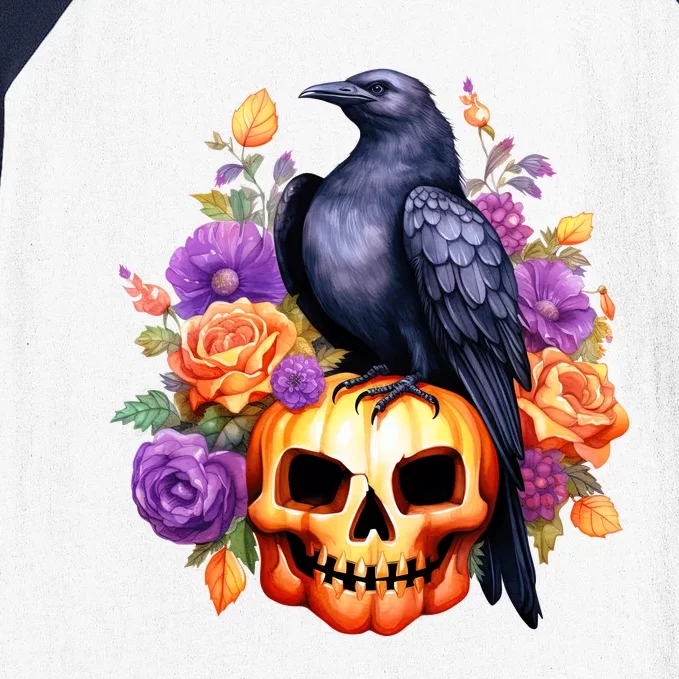 Kawaii Halloween Raven With Pumpkin And Flowers Baseball Sleeve Shirt