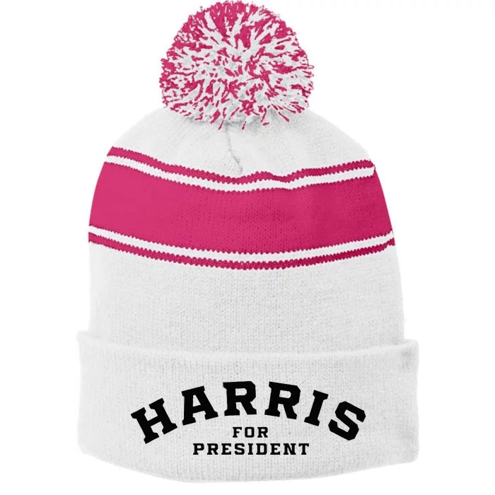 Kamala Harris Simple Curved Type Kamala Harris For President Stripe Pom Pom Beanie