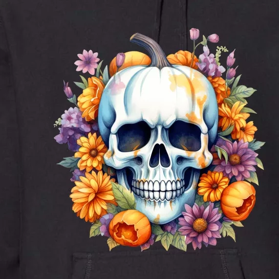 Kawaii Halloween Skull With Pumpkin And Flowers Premium Hoodie