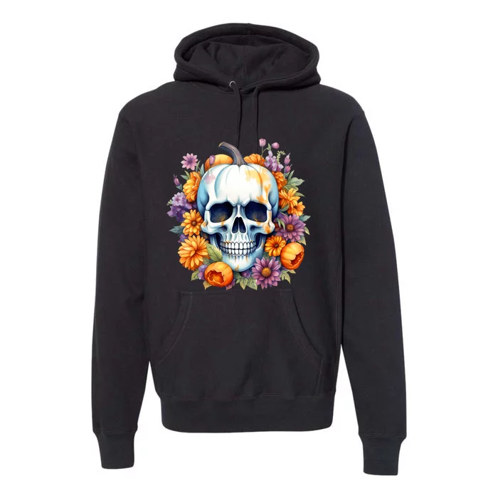 Kawaii Halloween Skull With Pumpkin And Flowers Premium Hoodie