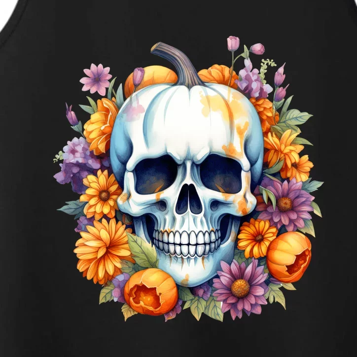 Kawaii Halloween Skull With Pumpkin And Flowers Performance Tank