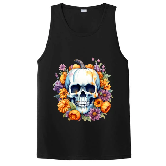 Kawaii Halloween Skull With Pumpkin And Flowers Performance Tank